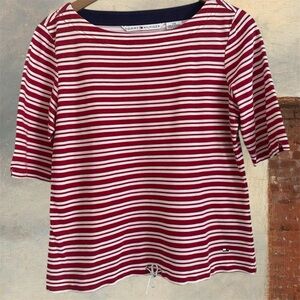 Vintage Tommy Hilfiger Women's Red Striped 100% Cotton Top